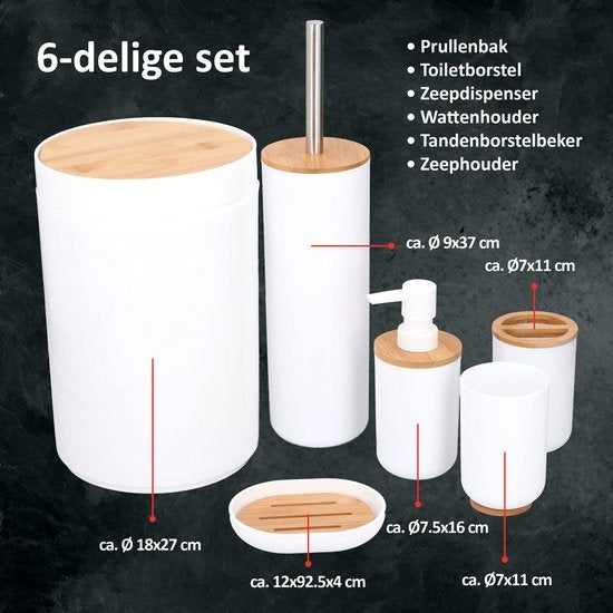 alpina Badezimmerset - Toilettenset - 6-teilig - Seifenspender - Zahnbürstenhalter - Toilettenbürste - Abfalleimer - Seifenschale - Becher - Bambus - Weiß