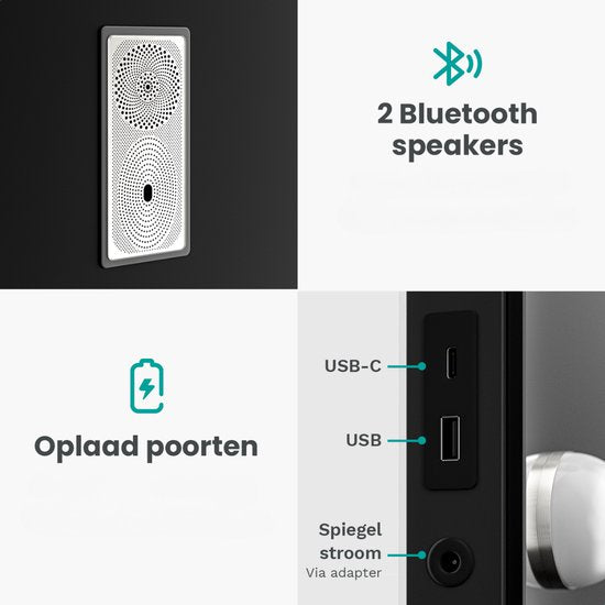 Mirlux Hollywood Mirror 80x60CM - 2 Bluetooth-Lautsprecher - USB & USB-C Ladeanschlüsse - LED-Beleuchtung - Schminkspiegel - 10x Zoom - Aufhängbar - Schwarz