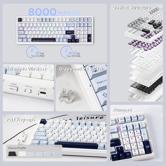 EPOMAKER x AULA F99 – Weiß/Blau – Mechanische kabellose Tastatur – RGB – 100 % – QWERTY – Gaming-Tastatur – Leobog Reaper Switch