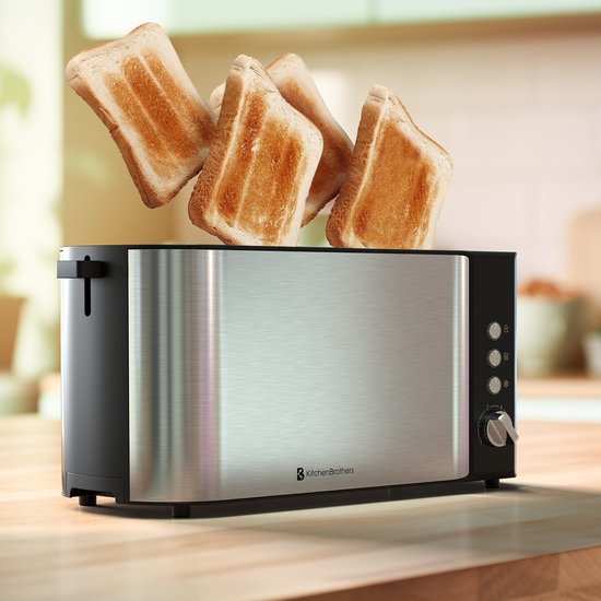 KitchenBrothers Toaster - Toaster - 6 Heizstufen - 2 extra lange Schlitze - 1520W - Edelstahl/Schwarz