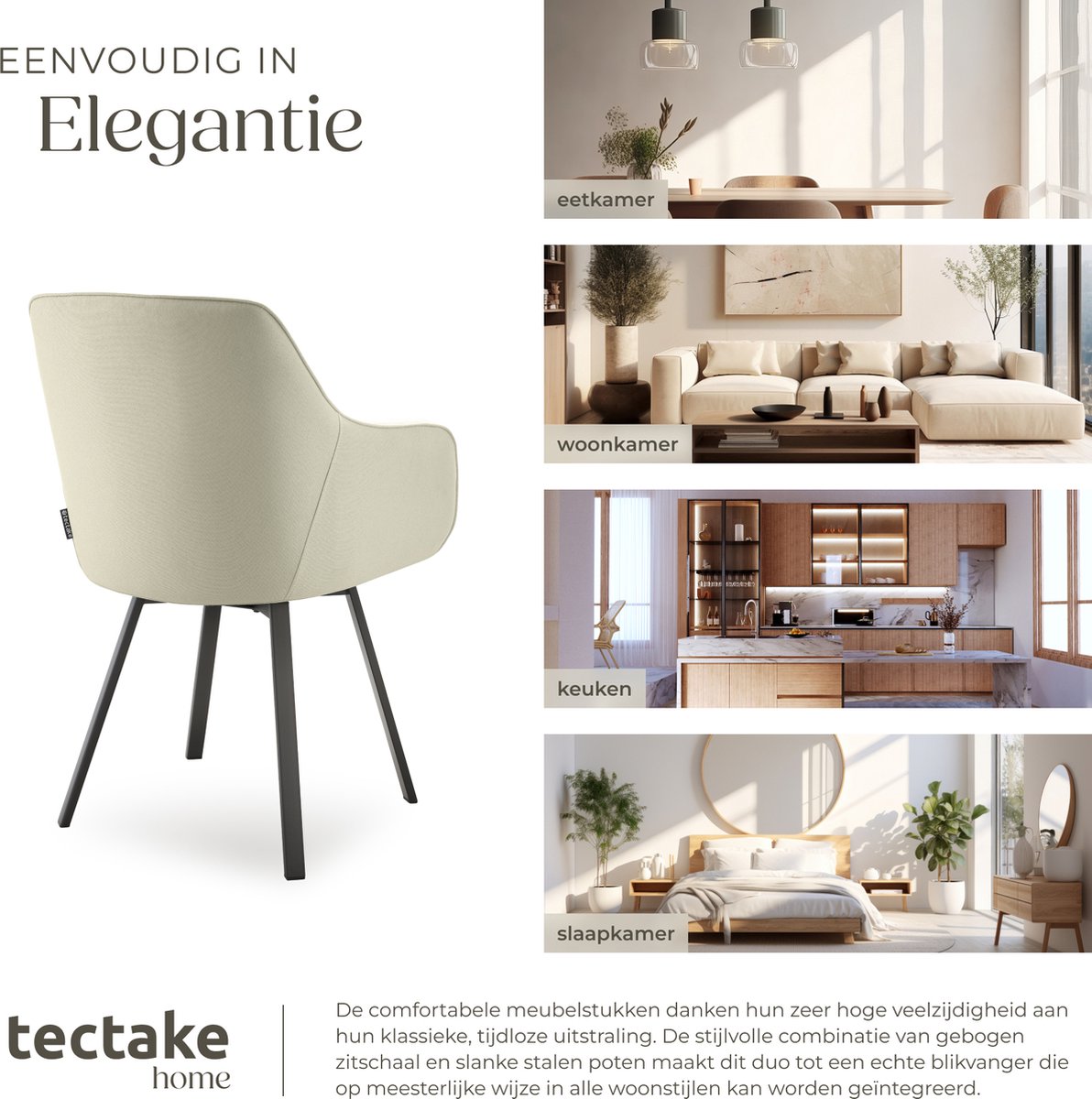 tectake® Esszimmer-Drehstuhl Alicon 57x59x88 cm - 2er-Set - Beige - Stilvolles und bequemes Design für Esszimmer, Wohnzimmer oder Büro