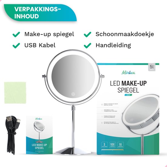 Mirlux Luxus-Make-up-Spiegel mit LED-Licht - 10-fache Vergrößerung - Verstellbar & wiederaufladbar - 3 Lichtstufen - Chrom - Make-up-Spiegel - Spiegel mit LED-Licht
