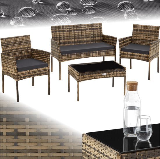 tectake® - Geflecht-Gartenset Palese - Sitzgruppe für 4 Personen - Gartenmöbelset mit Loungebank, Gartentisch und 2 Gartenstühlen inklusive Sitzkissen - Gartenmöbel - Wasserfest - Grau