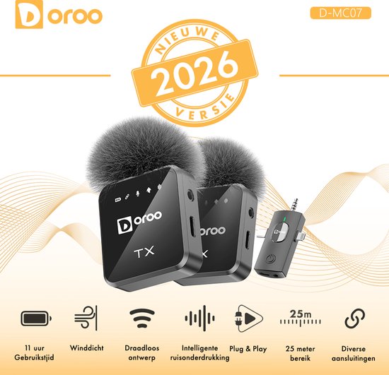 Doroo® Professionelles drahtloses Mikrofon – 2 Stück – Lavalier-Mikrofon – Windschutz – Extra lange Akkulaufzeit – Krawattenklammer – Professionelle Audioqualität – USB-C/Lightning/AUX-Funkmikrofon für iPhone und Android – Plug & Play – Zwei Jahre Garanti