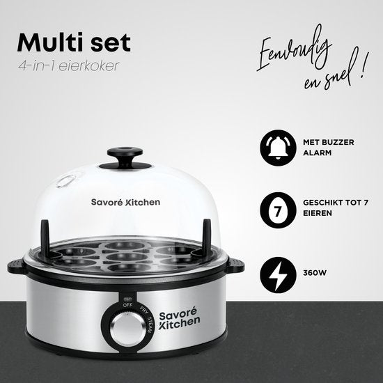 Savoré Kitchen 4-in-1 Eierkocher 7 Eier - Antihaft-Bratplatte - Elektrisch - Eierkocher mit Zeitschaltuhr