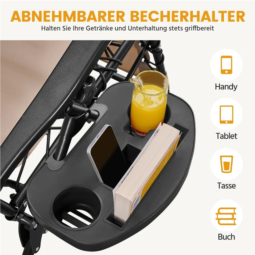Yaheetech 2er-Set Zero-Gravity-Liegestühle – Beige – Zusammenklappbare Liegestühle mit Kopfkissen und Getränkehalter