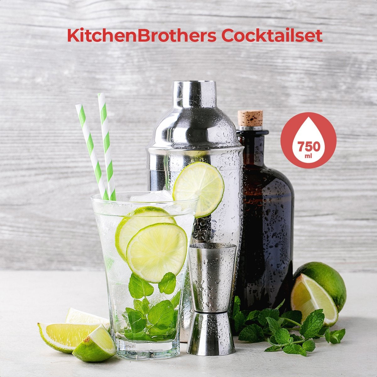 KitchenBrothers Cocktail Set mit Cocktail Shaker - 13 Teile - Komplettset - Geschenkbox - Edelstahl