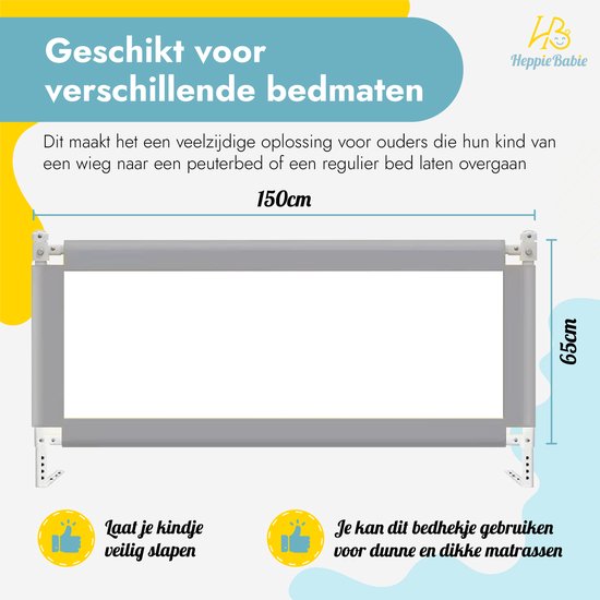 HeppieBabie Bettgitter - Universal - Extra lang 150 CM - Verstellbar - Grau mit Sicherheitsnetz - Bettgitter - Bettgestell
