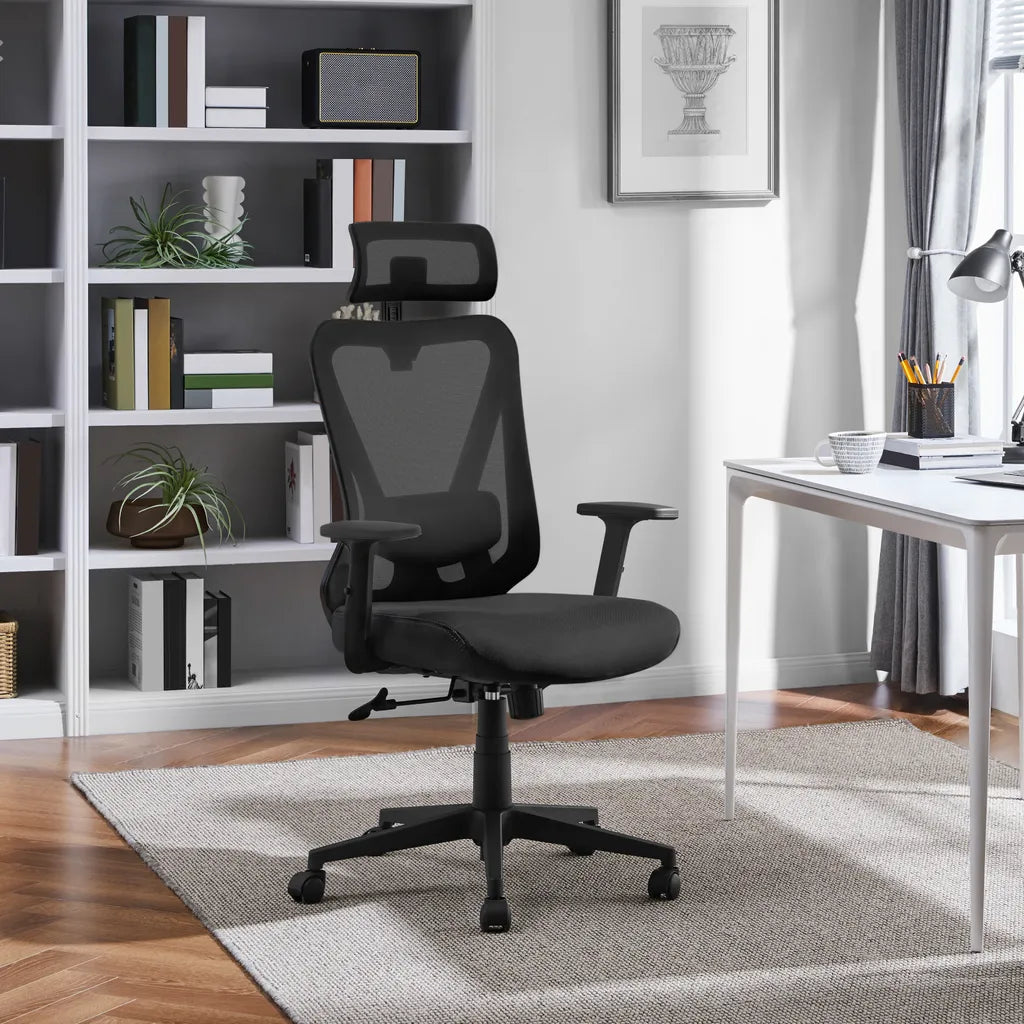 Yaheetech Ergonomischer Bürostuhl - Mesh - Verstellbar - Mit Kopfstütze - Armlehnen - Schwarz