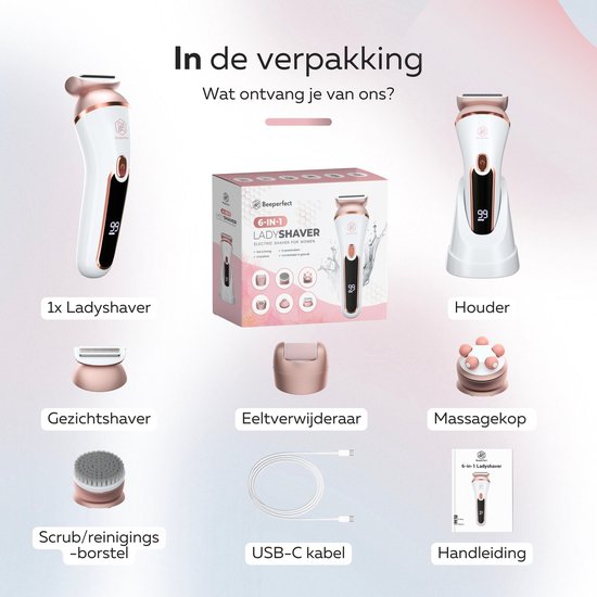 Beeperfect® - 6 in 1 Ladyshaver - zum epilieren/ rasieren/ trimmen - Wiederaufladbar - Wasserdicht - Weiß/Rosa