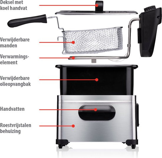 alpina Fritteuse Double 5 Liter - Fritteuse mit einstellbarem Thermostat - Fritteuse mit 3 herausnehmbaren Körben - Fritteuse 2000W - 27,5 x 21,5 x 30,5 cm - Edelstahl