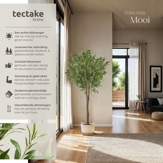 tectake® - Künstlicher Olivenbaum Oleand - Mediterrane Kunstpflanze mit realistischen Blättern und Oliven - Pflegeleicht und vielseitig einsetzbar - Inklusive stabilem Blumentopf - Höhe: 150 cm