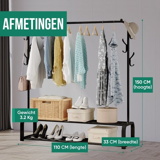 Avalo Industrial Clothes Rack - Metall - 110x33x150 CM - Schwarz - Lagerung für Schuhe - Garderobe Rack mit Haken