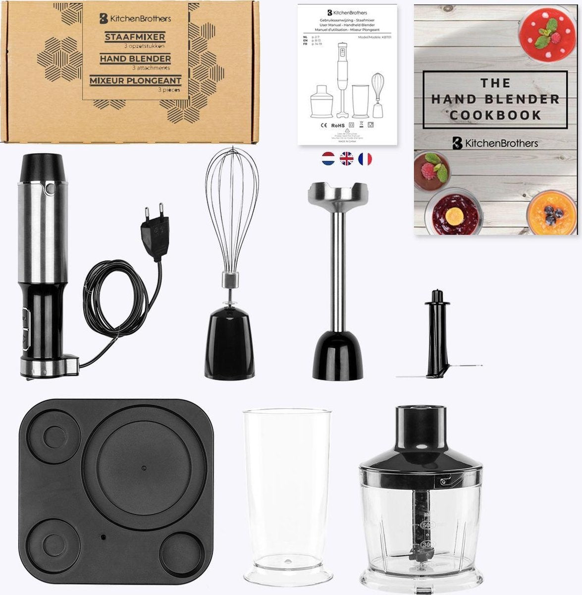 KitchenBrothers Stabmixer-Set - Zerkleinerer - Mixer 4-in1 - 800W - 600ML - Edelstahl