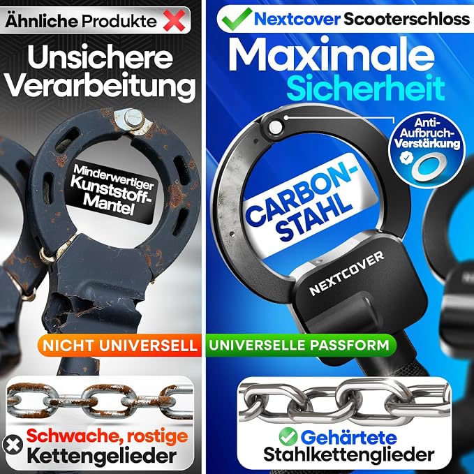 Nextcover E-Scooter-Kettenschloss 90 cm – mit 3 Schlüsseln – wetterfest und kratzfest