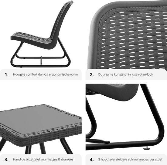 tectake - Gartenmöbel-Set für 2 Personen - Outdoor-Möbel wetterfest für Balkon - Garten-Lounge-Set - Terrassenmöbel - Sitzgruppe mit 2x Loungesessel und 1x Gartentisch Beistelltisch - Rattanoptik - grau