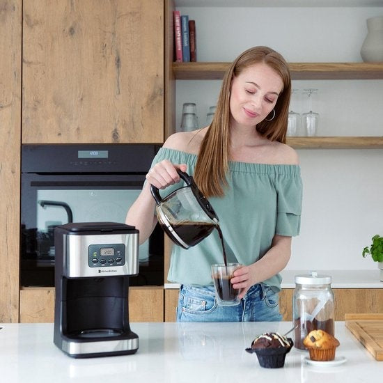 KitchenBrothers Kaffeemaschine - Filterkaffee - mit Glaskanne - 12 Tassen - Schwarz/RSF