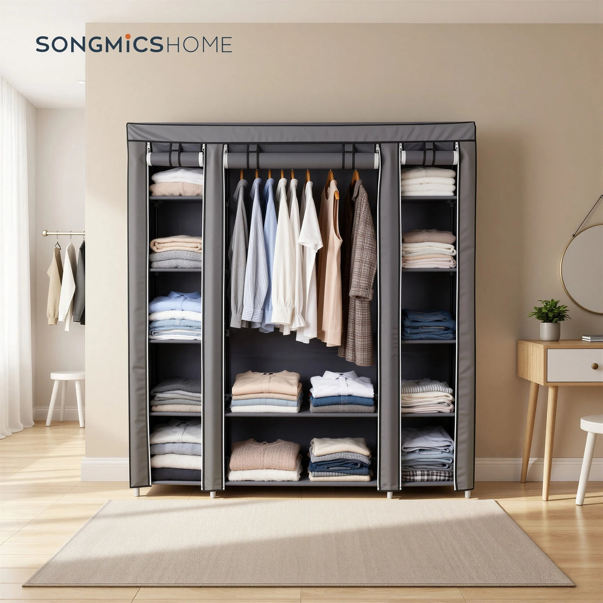 Joyfurnos Faltbarer Stoffkleiderschrank – Metallgestell – Grau