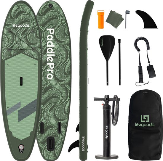 LifeGoods SUP Board All-round Compact - 100 KG Belastbarkeit - 300 x 76 cm - Aufblasbar - Komplettes SUP Paket - Grün/Leger Grün