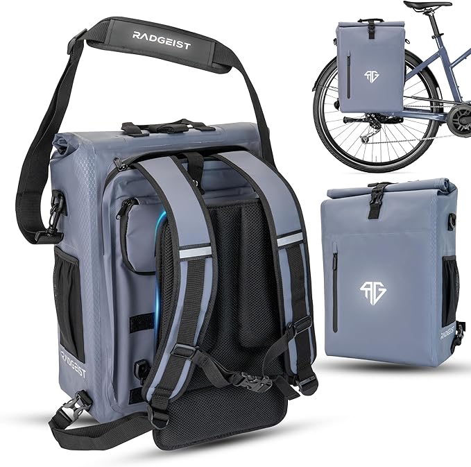 3-in-1-Fahrradtasche für Gepäckträger (25 Liter) - Rucksack-Fahrradtasche mit komfortabler Polsterung - Fahrradtasche mit sicherer Befestigung - 100% wasserdicht inklusive Laptopfach (Grau)