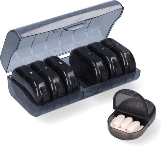 Gandria Pillendose 7 Tage - Herausnehmbare Pillendose - Medizinbox mit 14 Fächern - Medizinbox mit stabilem Verschluss - 2 Fächer pro Tag - Schwarz