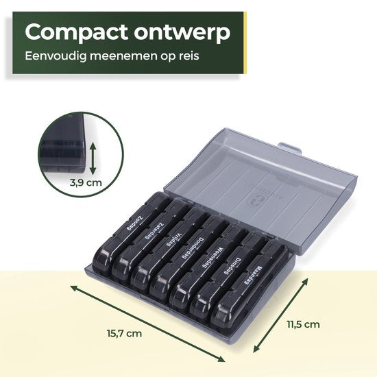 Gandria Pillenbox 7 Tage - Herausnehmbare Pillenbox - Medizinbox mit 28 Fächern - Medizinbox mit stabilem Verschluss - 4 Fächer pro Tag - Schwarz