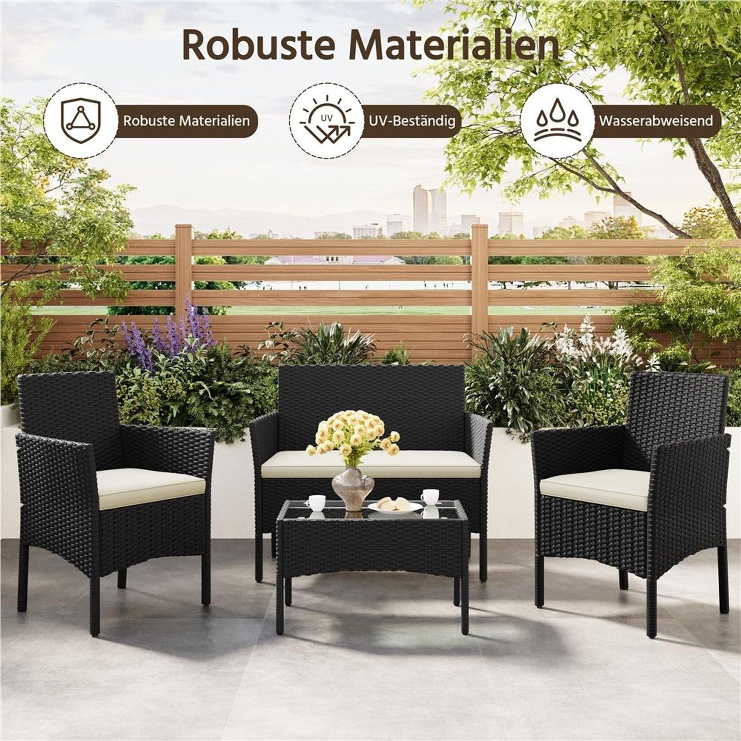 Yaheetech 4-teiliges Rattan-Lounge-Set – Tisch, 2 Stühle und 2-Sitzer-Sofa – wetterfeste Kissen – Schwarz und Beige – 106 x 58 x 80 cm
