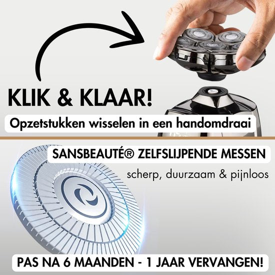 6-in-1 Rasierer für Männer - Trimmer - Clipper - Sansbeauté® SkullSharp PRO - Elektrischer Gesichts- und Kopfrasierer - Schädelrasierer - Nass- und Trockenrasur - Kabelloses Laden - Elektrisch