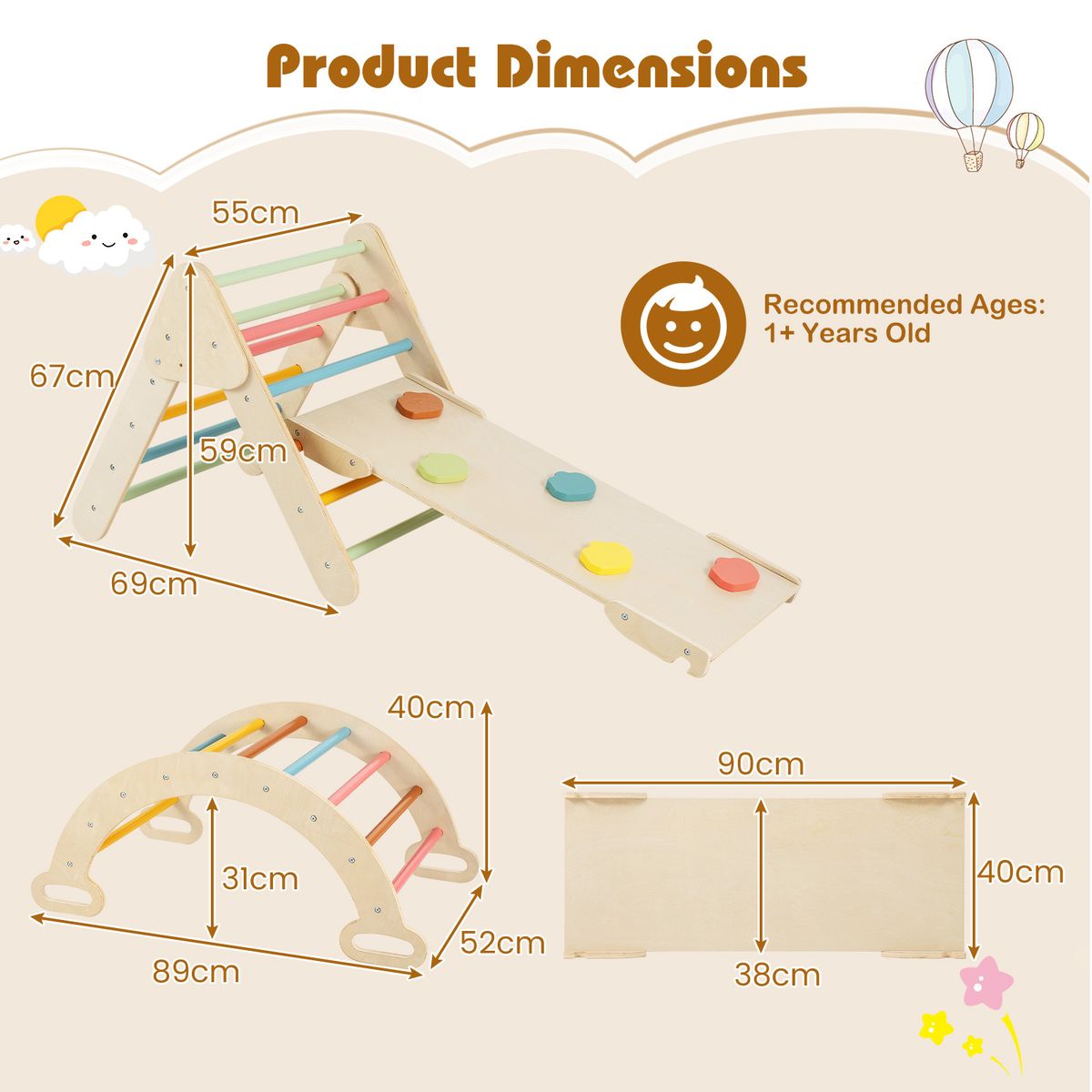 Coast Montessori Klettergerüst aus Holz – 3-in-1-Spielset mit Kletterdreieck, Kletterbogen und Rutsche – farbenfroh