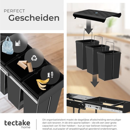 tectake® Abfallsammler - Einbauabfallbehälter - Mehrfache Abfalltrennung - Effiziente Aufräumlösung für Küche und Büro - Dreifachbehälter mit Teleskopschienen - 3x 10L
