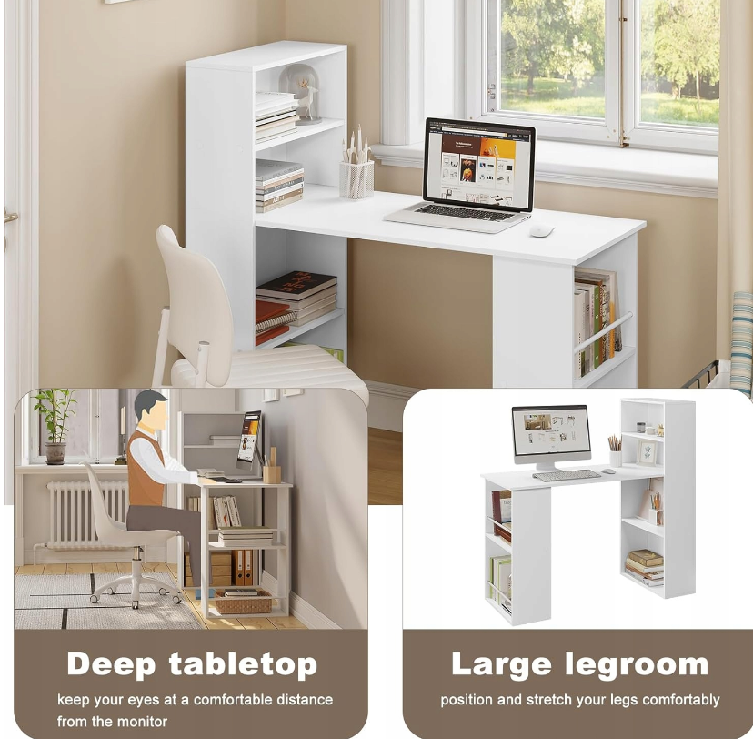 WOLTU Schreibtisch 122 x 55 x 120 cm – mit 6 Einlegeböden – MDF – Weiß