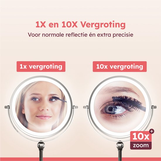 Fraay® Make-up-Spiegel mit LED-Beleuchtung - 10-fache Vergrößerung - Vergrößerungsspiegel mit Licht - wiederaufladbar - Rasierspiegel - Badezimmerspiegel - Nickel