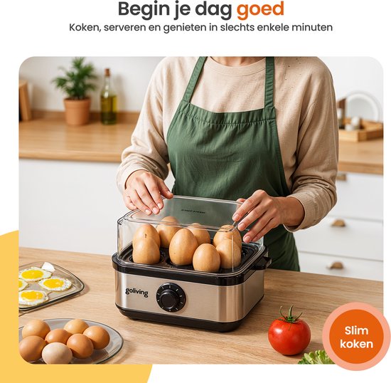 Goliving Eierkocher 2-in-1 - 1 bis 8 Eier - Kochen, Pochieren, Omelett - hart, weich und mittelweich gekocht - elektrisch - mit Timer - Silber
