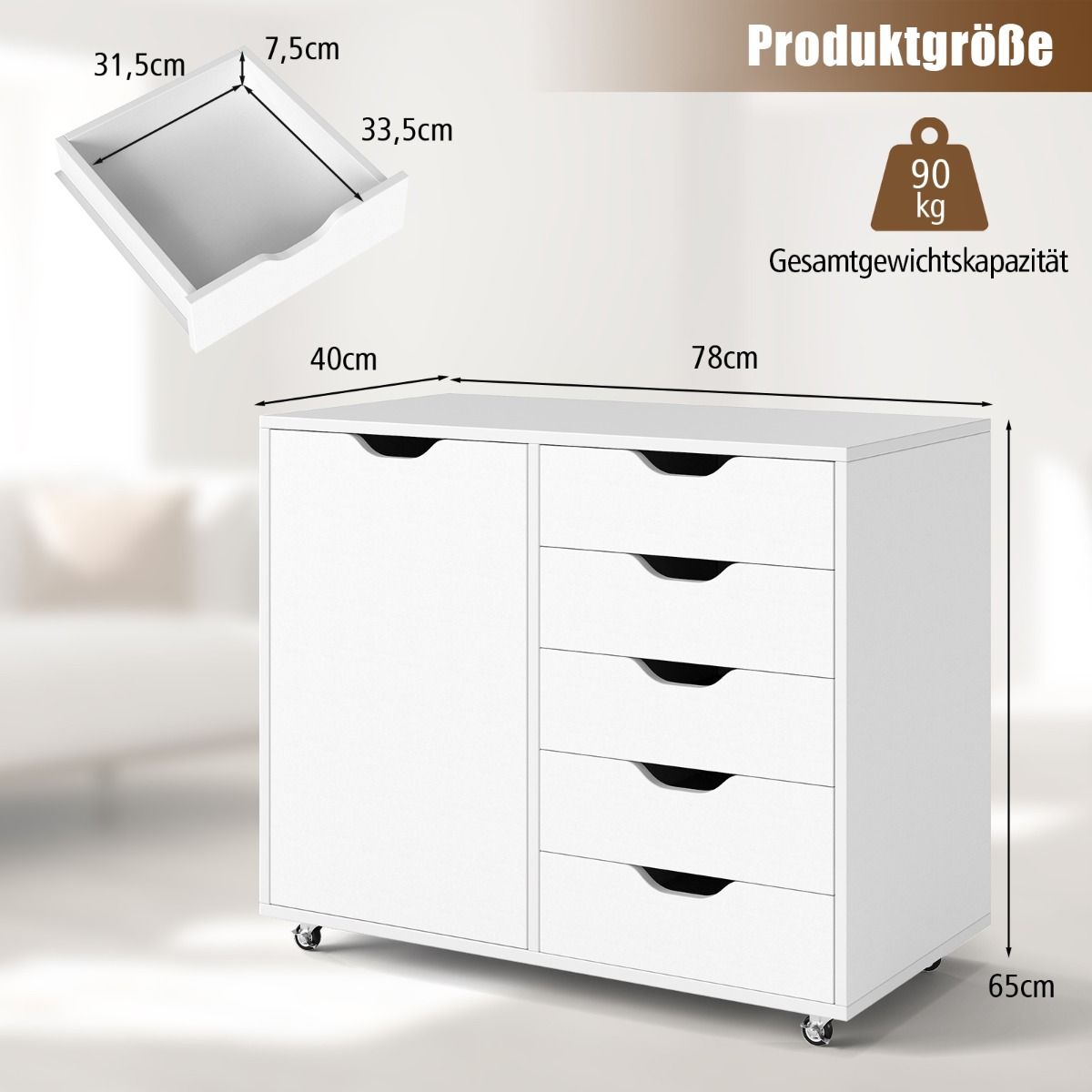 Coast Rollcontainer mit 5 Schubladen und Tür – verstellbares Einlegeboden – auf Rollen – weiß 78 x 40 x 65 cm