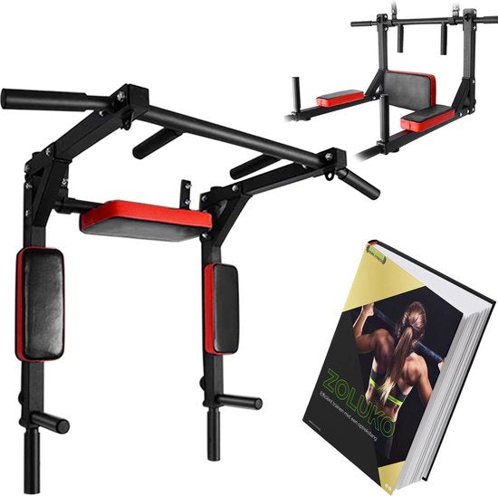 Zoluko Professional Dip & Pull Up Bar Wandhalterung - 200kg Tragkraft - Dip Station - Inkl. E-Book - Einfache Montage - 2 in 1 Klimmzugstation und Dip Station für den Heimsport - Klimmzugstange Fitness - Dip Bars - Chin Up Bar - Schwarz/Rot