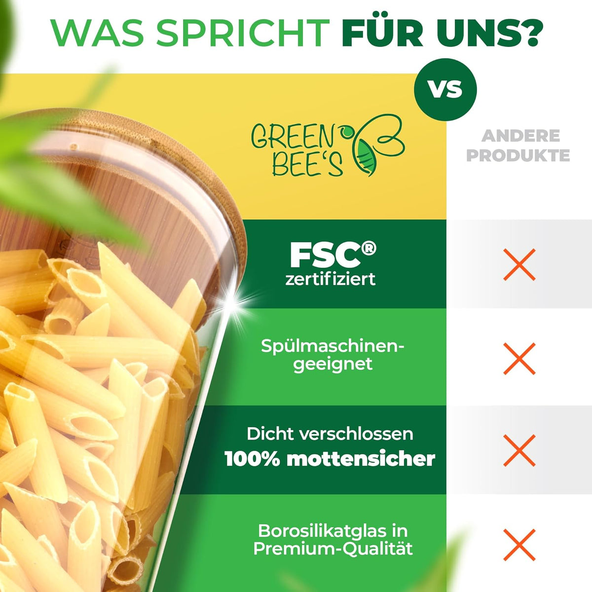 GREEN BEE`S Vorratsglas groß - 2x1500ml Neues Modell - Passgenau für Schublade & Apothekerschrank - Nachhaltige Vorratsgläser mit Deckel luftdicht - Für Mehl, Zucker, Nudeln, Kaffee & Haferflocken