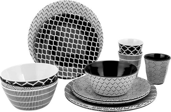Bo-Camp – Geschirr – Mix & Match – 16-teilig – Schwarz/Weiß