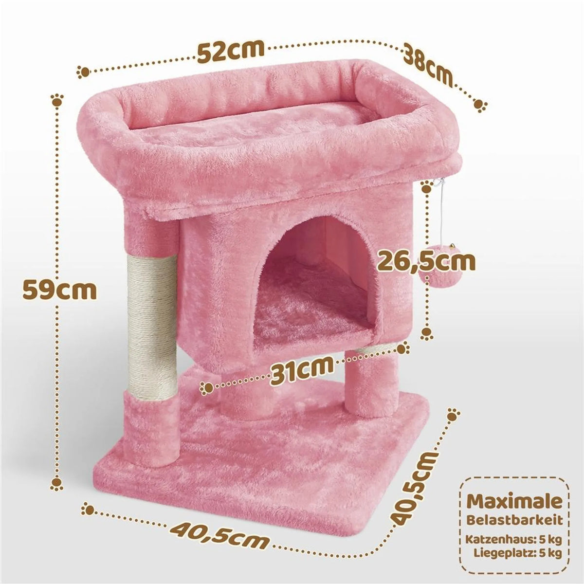 Yaheetech Kratzbaum mit Hängematte - ausgestattet mit gemütlicher Katzenhöhle und zwei Sisalpfosten und weichem Liegeplatz - für Kätzchen und kleine Katzen - hellrosa Plüsch und Sisal - 40,5 x 40,5 x 59 cm