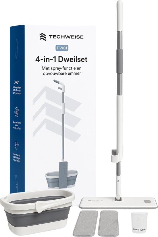 Techweise 4-in-1 Wischsystem mit Spray und klappbarem Eimer mit 2 extra Mikrofasermopps - Wischset mit Sprayfunktion - Bodenwischer - Moppmopp - Moppmopp mit Wringer