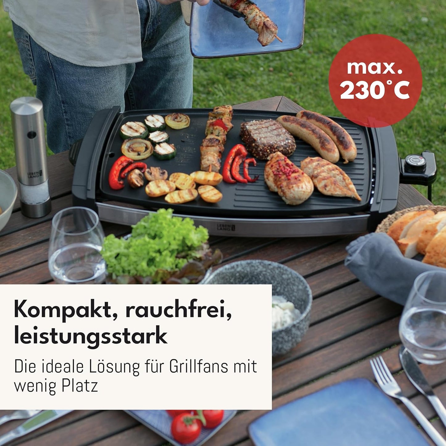 LEBENLANG - Elektrogrillplatte - inkl. Fettauffangschale - Für 8 Personen - drinnen und draußen - 1800W - Schwarz