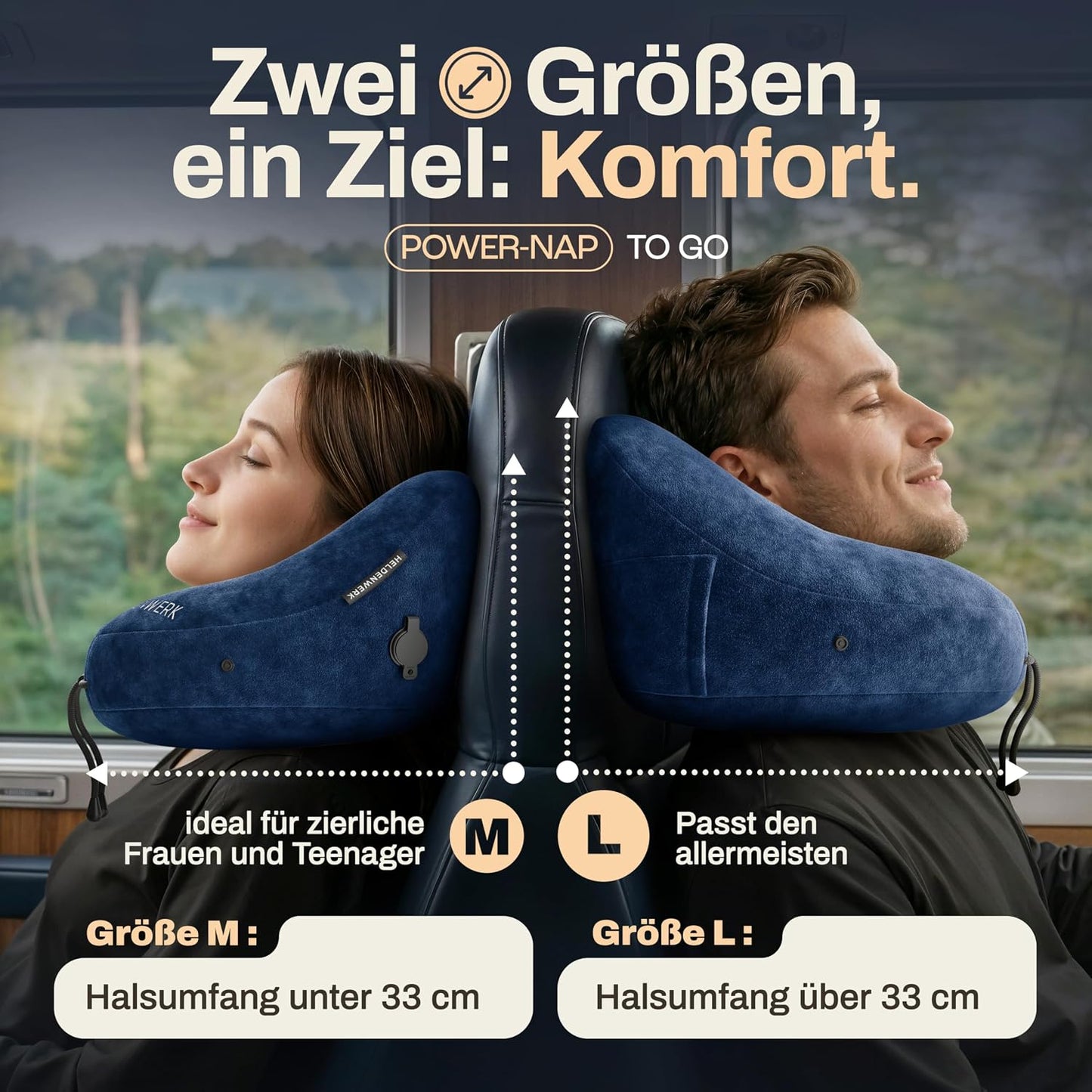 Heldenwerk Premium Air Aufblasbares Nackenkissen – Dunkelblau – Inklusive Kapuze und Ohrstöpseln