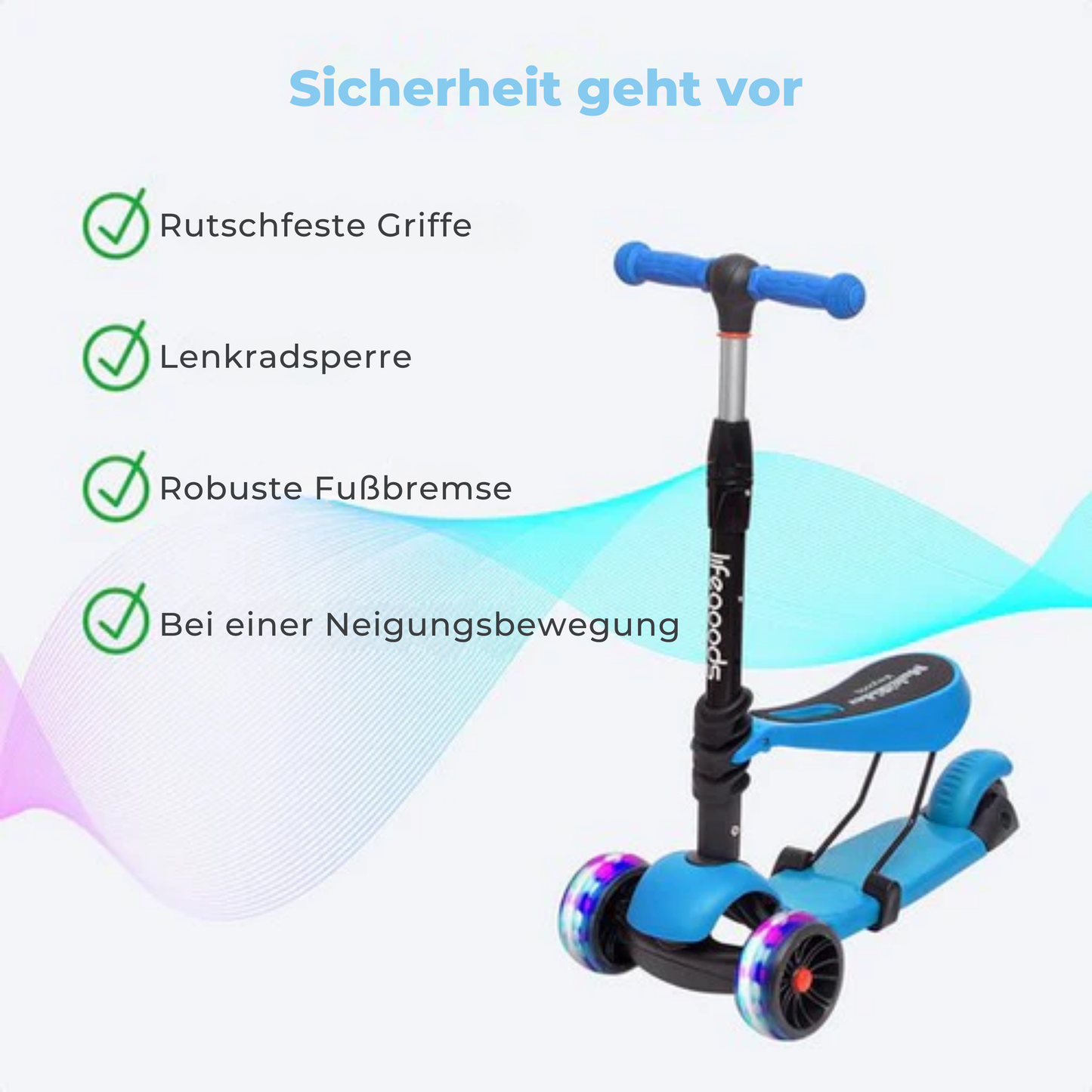 LifeGoods MultiRider Kids' Scooter - Stufe 3-8 Jahre - Verstellbarer Sitz - Leuchtende Räder - Jungen/Mädchen - Blau