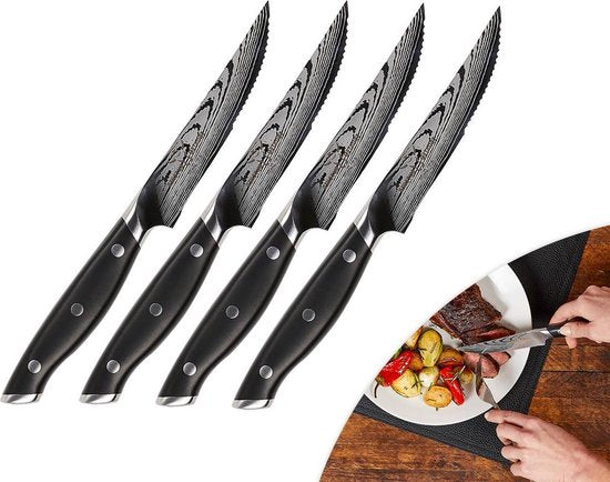 Trusted Butcher Steakmesserset – hochwertiges Messerset – ultrascharfe Messer in Metzgerqualität – perfekt ausbalancierte Fleischmesser für komfortables Schneiden – 4-teiliges Set.