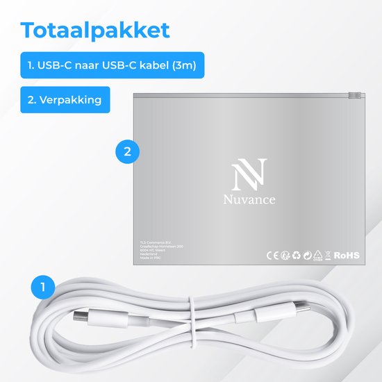 Nuvance USB-C-Kabel – 100 W – USB-C auf USB-C – 3 Meter – USB-C-Kabel – Schnellladegerät – 480 Mb/ps Datenübertragung – USB-C-Ladegerät – Weiß
