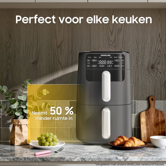 Heißluftfritteuse mit zwei Ebenen – 2700 W, kraftvolles fettfreies Frittieren – 10 l Heißluftfritteuse mit zwei Einschüben und vertikaler Bauweise spart 50 % Platz – 6 Programme – Großes Fassungsvermögen für den Heimgebrauch – Inklusive Rezeptbuch