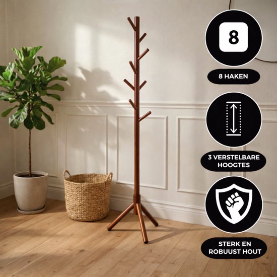 Bayt Garderobe - Stehende Garderobe - Garderobenständer Holz - Garderobenständer - 8 Haken - 175 cm - Braun
