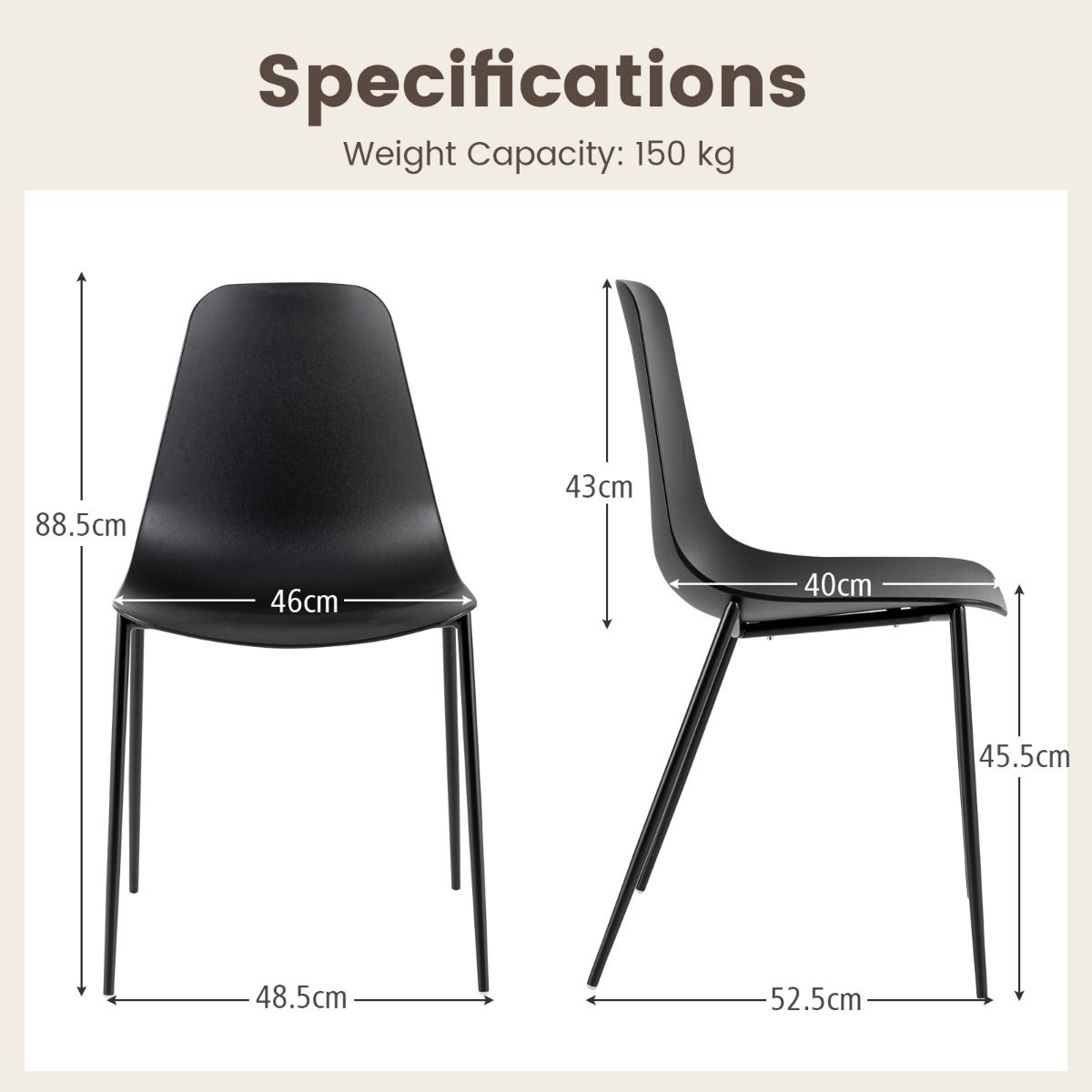 Coast 4er Set Moderne Esszimmerstühle Schwarz 52,5 x 48,5 x 88 cm - Stabile Freizeitstühle mit Metallbeinen