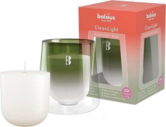 4 Stück Bolsius cleanlight transparentes Glas 115/55 mit Nachfüllpackung (20 Stunden) Gardenia - Fig
