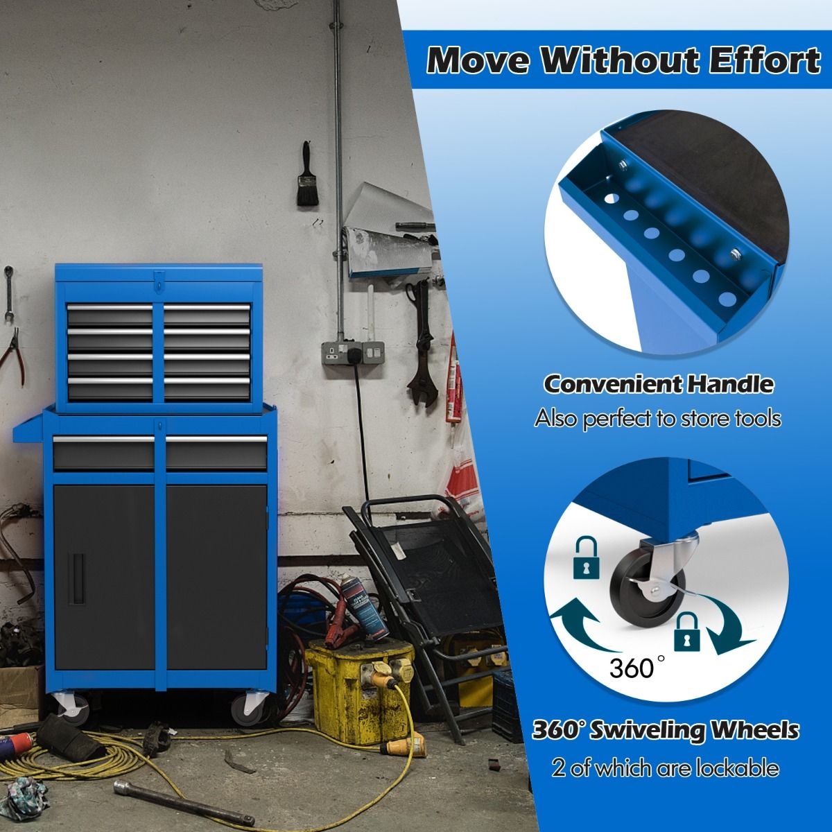 Coast Werkzeugkasten - 4-Schubladen - mit Rädern und Stauschrank - 59 x 28 x 102 cm - Blau