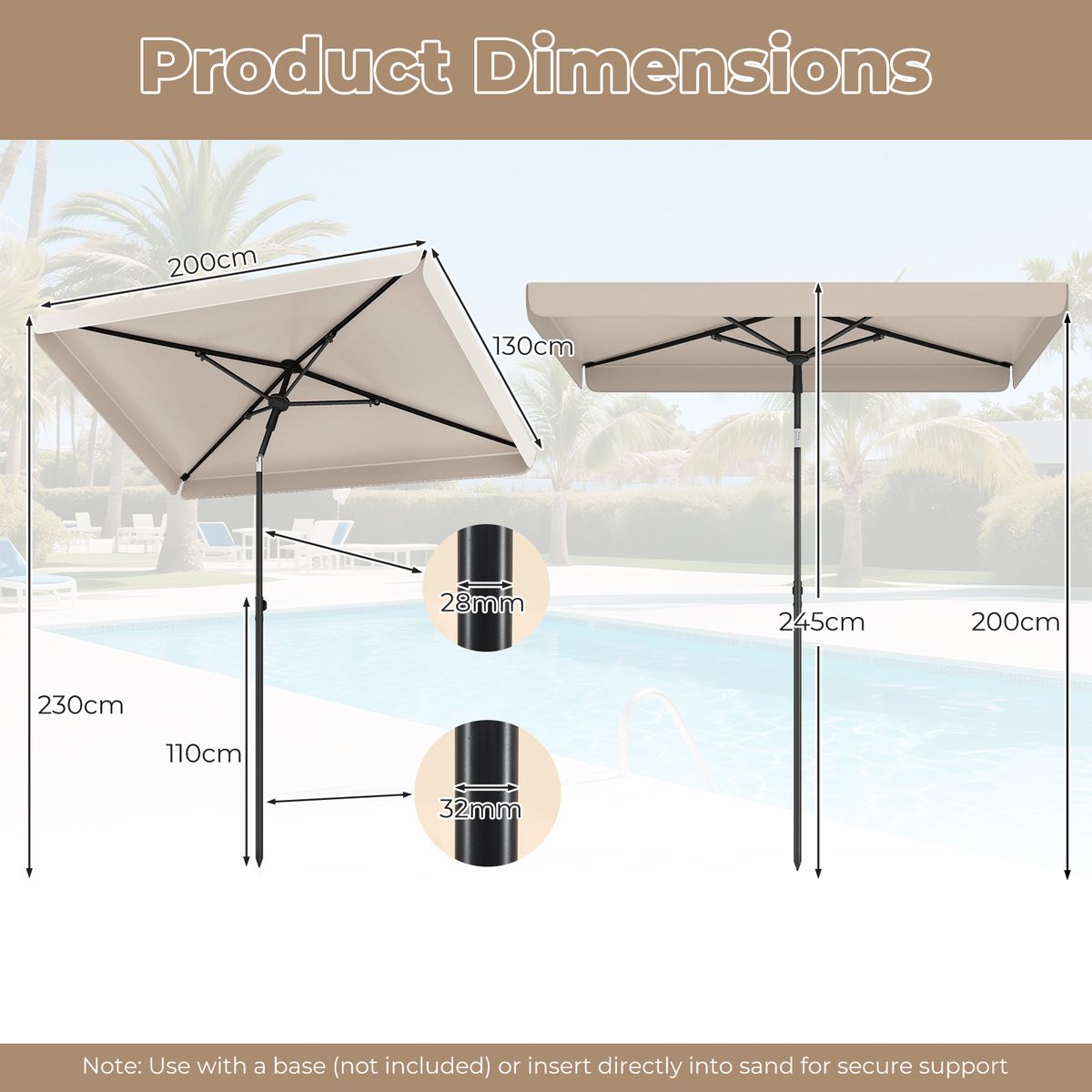 Coast Balkon-Sonnenschirm – rechteckig – um 30° neigbar – 200 x 130 cm – beige